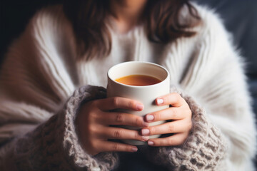 A close-up of a girl's hands cradling a steaming mug of hot cocoa as she enjoys a serene moment in her cozy home