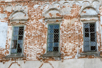 Yuryevets, Russia, July 5, 2023. Broken windows of an ancient cathedral.