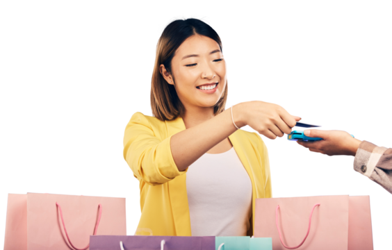 Card machine, shopping bag and woman POS, online payment and digital service or fashion fintech. Retail credit and cashier hands, asian customer point of sale isolated on a transparent png background