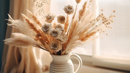 Beautiful and delicate bouquet of dried flowers in interior. Scandinavian style