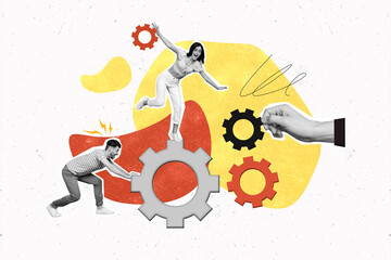 Creative collage banner of two colleagues young man with partner intern woman build mechanism gearwheels isolated on drawn background