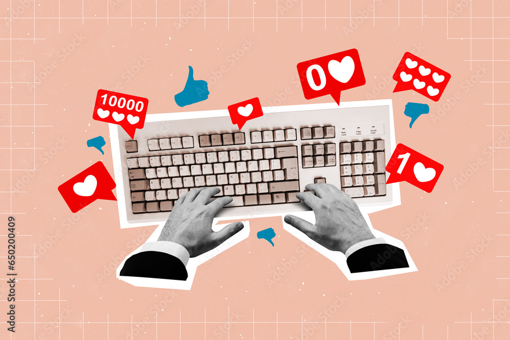 Fototapete collage artwork graphics picture of arms typing retro keyboard getting likes isolated painting backg