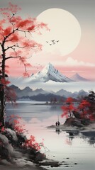 Zen ink painting of a lonely mountain and a calm lake