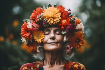 Abstract contemporary art collage portrait of a old woman with flowers on her head and hair