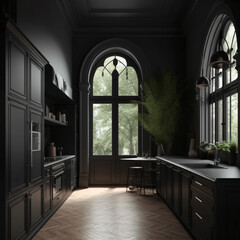 Black interior design of kitchen room