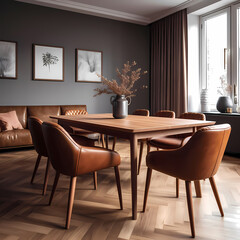 Brown leather chairs at wood dining table. Scandinavian style interior design dining room