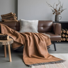 Brown leather sofa with wooden table. Scandinavian home interior design 