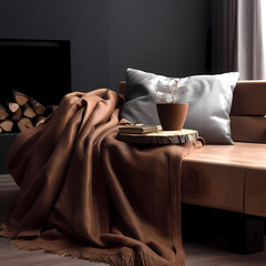 Brown leather sofa with blanket and wooden table