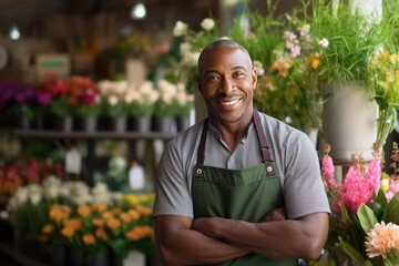 Smiling African American man standing in his flower shop. Middle aged salesman is waiting for customers of the flower shop. He standing at the entrance and smiley looking at camera.
