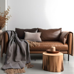 Brown leather sofa with blanket and wooden table with firewood stack. Scandinavian home interior design 