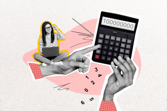 Creative collage picture of black white colors mini girl sit huge arm hold point finger calculator isolated on drawing background