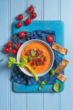 Gazpacho soup with olives basil, tomato