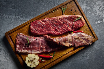 A horizontal top-down view showcases alternative meat cuts, emphasizing the diaphragm steak's...