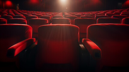 Rows of red cinema seats with copy space banner background - obrazy, fototapety, plakaty