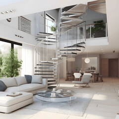 White Modern Interior design of living room with glass spiral staircases