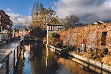 Canal and Medieval Fortress Wall in Colmar - obrazy, fototapety, plakaty