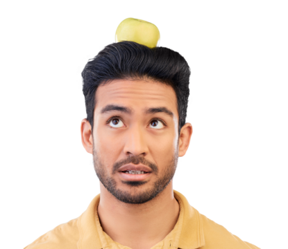 Man, thinking and balance apple on head for trick and wellness on isolated, transparent or png background. Healthy, diet and asian person balancing fruit on hair with natural or organic nutrition