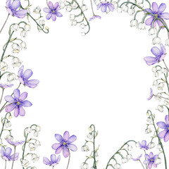 Frame watercolor spring flowers. Coppice, hepatica - first spring flowers. Spring lily of the valley Illustration of delicate lilac flowers. Hand drawn texture with white and violet flowers