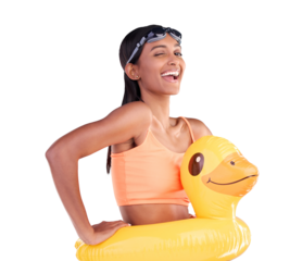 Portrait, wink and rubber duck with a woman, vacation and smile isolated on a transparent background. Face, person and model with holiday, toys and swimming with getaway, break and happy with png