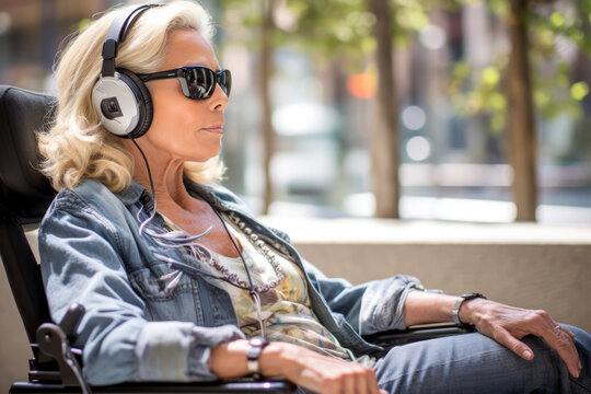 Woman in wheelchair listening music in headphones