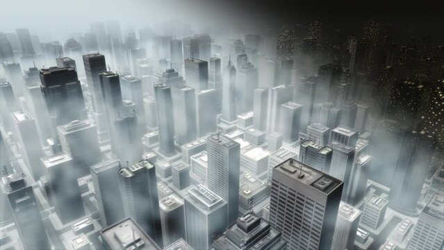 Seamless looping 3d animated foggy city skyline changing day- and nighttime