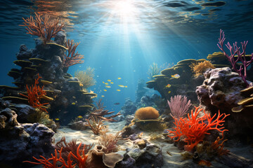 Fototapeta na wymiar Corals, reef, rocks, fish, nature and world ocean, illustration. Generative AI. View underwater to surface ocean, sunbeam penetrate through the top layer of the ocean, image