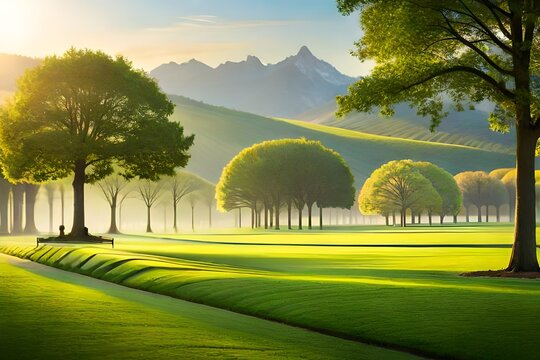 Beautiful morning light in public park with green grass field stock phot