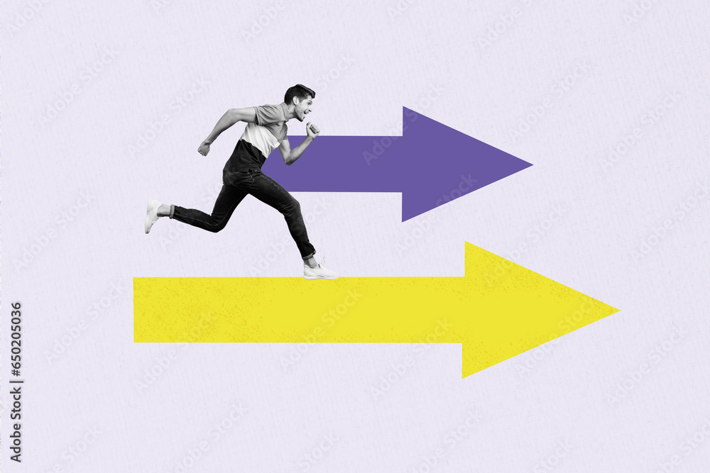 Poster motivated active guy decide create his first startup business collage image arrow direction runner i
