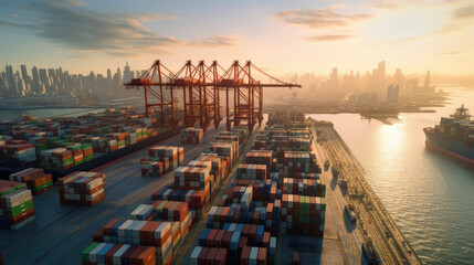 International trade at a large container terminal and harbor - obrazy, fototapety, plakaty
