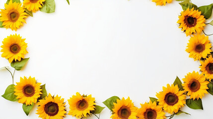 Wreath frame of sunflowers on white background.