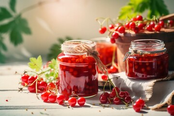 Currant jam with fresh red currants on light sunny background. Seasonal harvest. Generative ai.