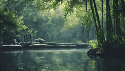 Calm pond with bamboo grove, a serene and reflective atmosphere