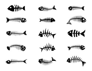 Fish Bone Premium Illustration Vector Clip Art Collection Design with White Background. Fish dead Vector Art With Black Shape Hand Drawing Template. - obrazy, fototapety, plakaty