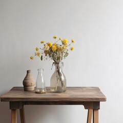 Wooden table with vase bouquet of flowers in blank empty wall