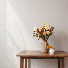 Wooden table with vase bouquet of flowers in blank empty wall for copy text