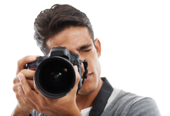 Digital photography, camera and man isolated on transparent png background for photoshoot, creative media and paparazzi. Reporter, journalist and tools of photographer for production, lens and blog