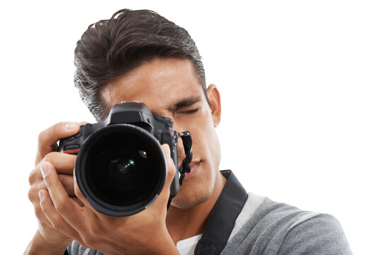 Digital photography, camera and man isolated on transparent png background for photoshoot, creative media and paparazzi. Reporter, journalist and tools of photographer for production, lens and blog