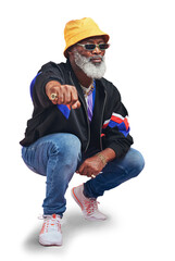 Portrait, fashion and retro with a senior black man isolated on a transparent background for hip...