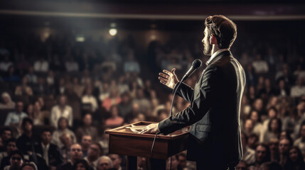 Obraz premium A speaker was giving a speech in front of the large hall stage