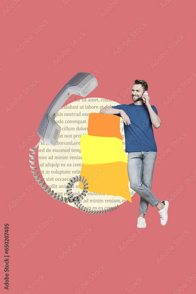 Aufkleber creative retro 3d magazine collage image of smiling guy talking device empty space isolated colorful