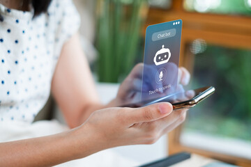 Artificial intelligence or Ai voice control Chat bot conversation concept. Online customer service support or Virtual assistant CRM software automation technology. E-learning cyberspace application.