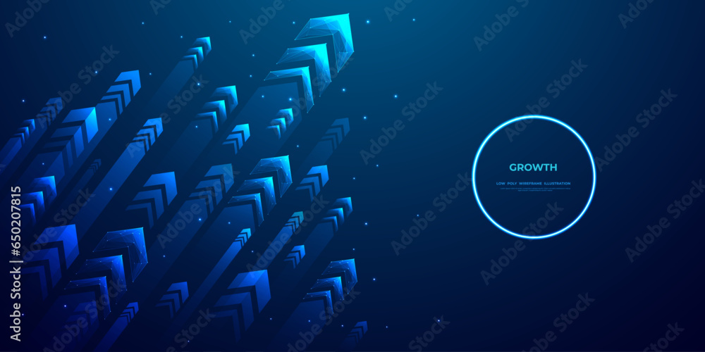 Fototapete diagonal stream of growth up arrows in blue futuristic style on dark technology background with glow