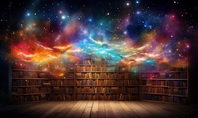 beautiful bookshelf background with colorful light splashes, Generative Ai