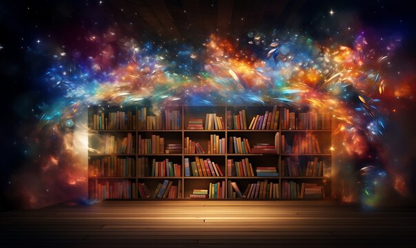 beautiful bookshelf background with colorful light splashes, Generative Ai