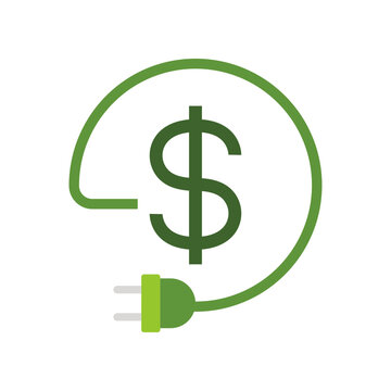Flat Design Style Eco energy cost save money icon. Energy reduction cost Dollar Power Efficiency. Adapter cable charger  dollar for green economy. vector illustration design