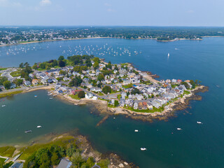 Juniper Point aerial view in summer at Salem Neck historic district with Danvers River mouth to Beverly Harbor at the back, City of Salem, Massachusetts MA, USA.