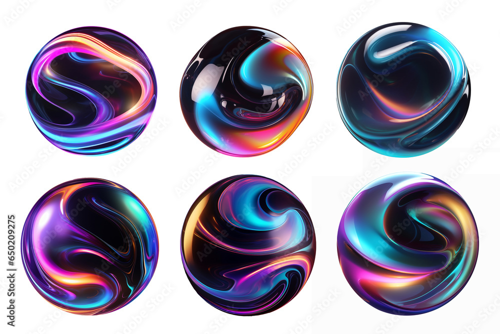 Poster bold iridescent wavy sphere blob shape isolated set. colorful liquid paint translucent bubble drop. 