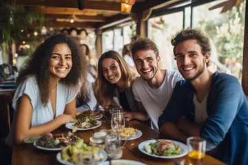 Deurstickers Group of happy friends eat in a restaurant. AI generative © tiena