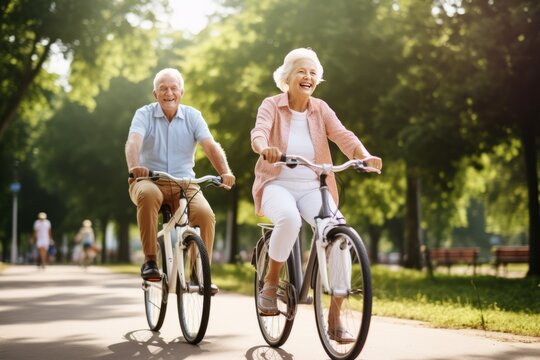 Happy active senior couple ride on a bikes in a summer park. AI generative
