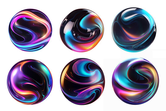 Bold iridescent wavy sphere blob shape isolated set. Colorful liquid paint translucent bubble drop. Ai generated on transparent background png